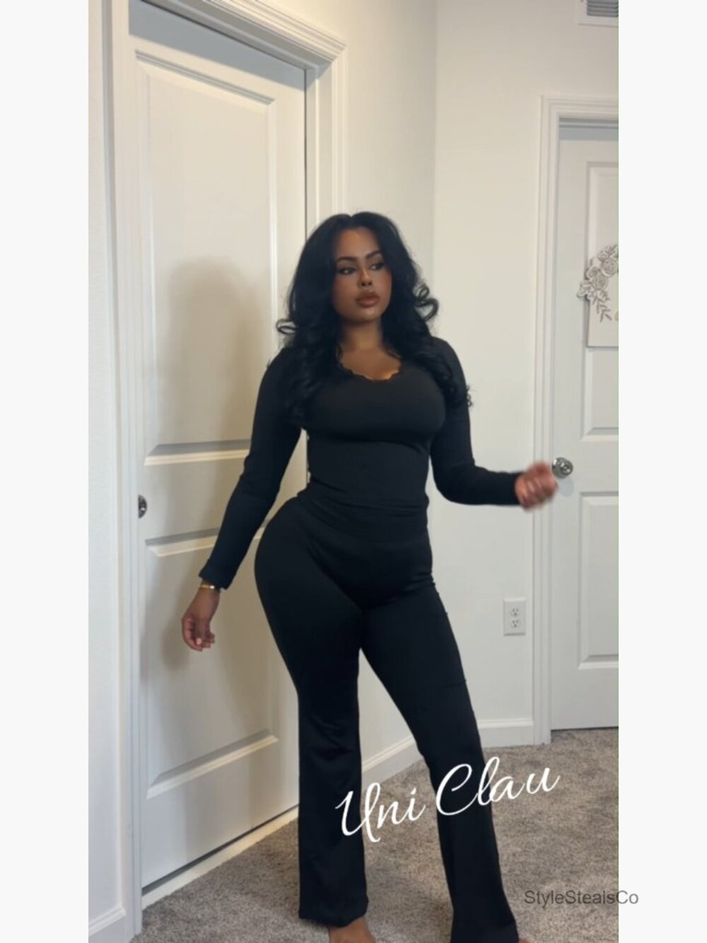 2 Piece Lounge Set Lace V Neck Long Sleeve Crop Top Fold Over Flare Yoga Pants - Picture 6 of 7